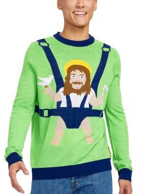 Tipsy Elves Men's Green Ugly Sweater Baby Jesus Novelty Graphic Sweater
